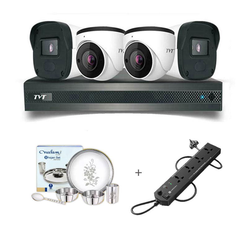 Picture of TVT 4 CCTV Cameras Combo (2 Indoor & 2 Outdoor CCTV Cameras) 👨🏻‍🔧With CCTV Installation + DVR + HDD + Accessories + Power Supply + 90m Cable + Neelam Dinner Set + Power Strip